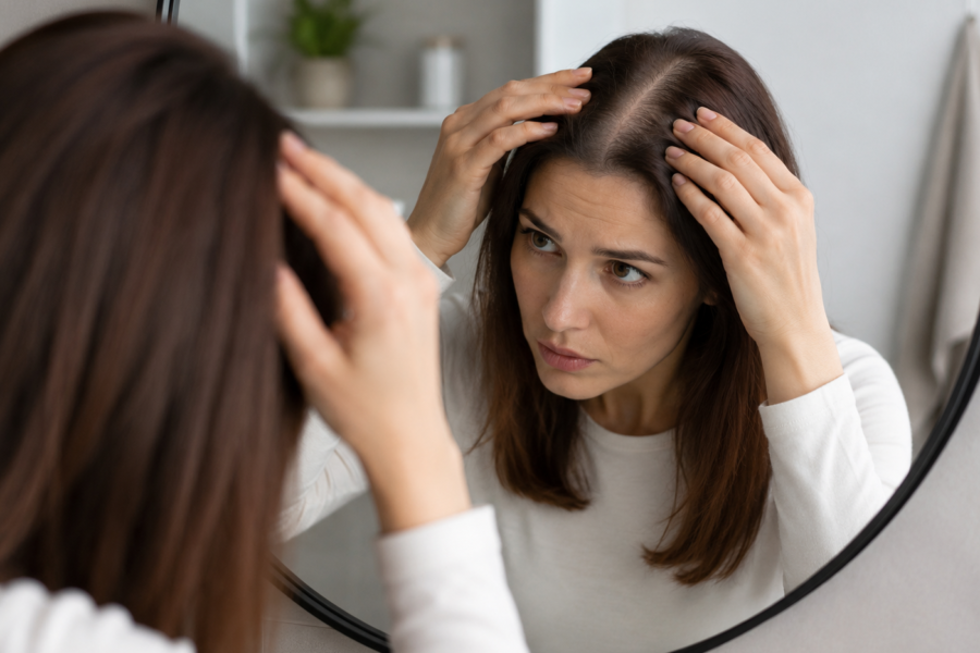 Woman examining widening hair parting in mirror, illustrating early signs of female pattern hair loss