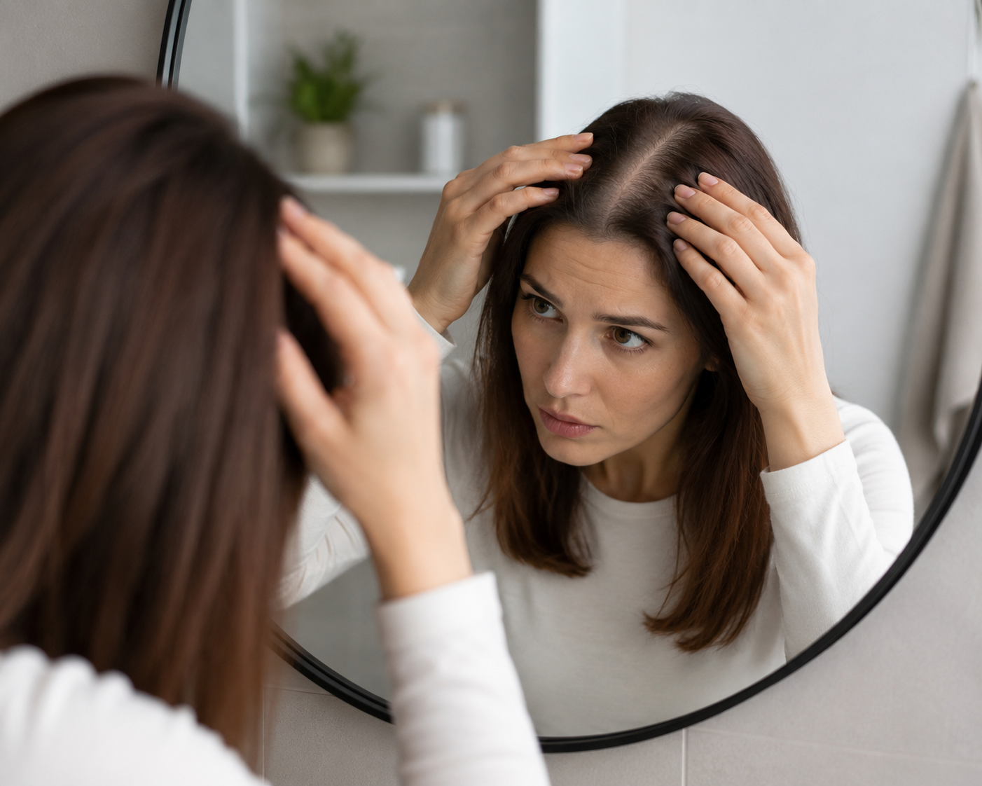 Woman examining widening hair parting in mirror, illustrating early signs of female pattern hair loss