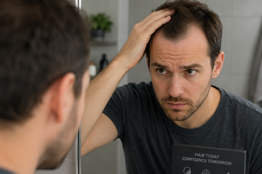 Man examining receding hairline in mirror, illustrating early signs of male pattern baldness