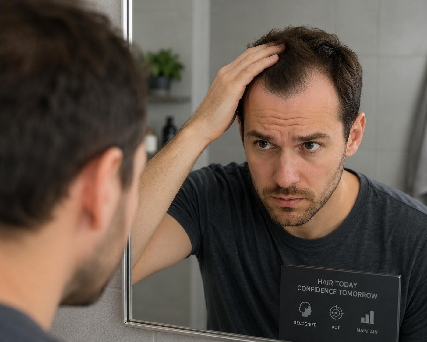 Man examining receding hairline in mirror, illustrating early signs of male pattern baldness