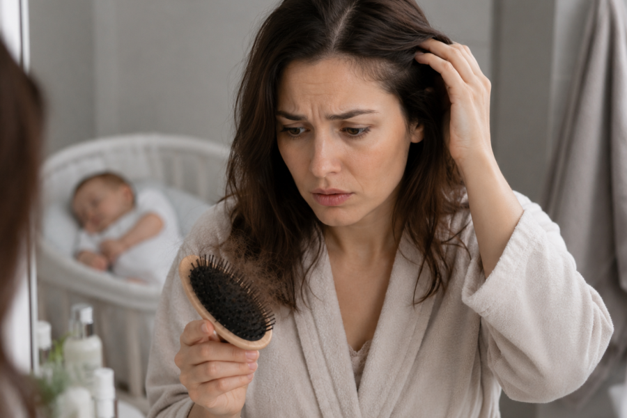 New mother examining hair loss in a hairbrush, illustrating postpartum telogen effluvium