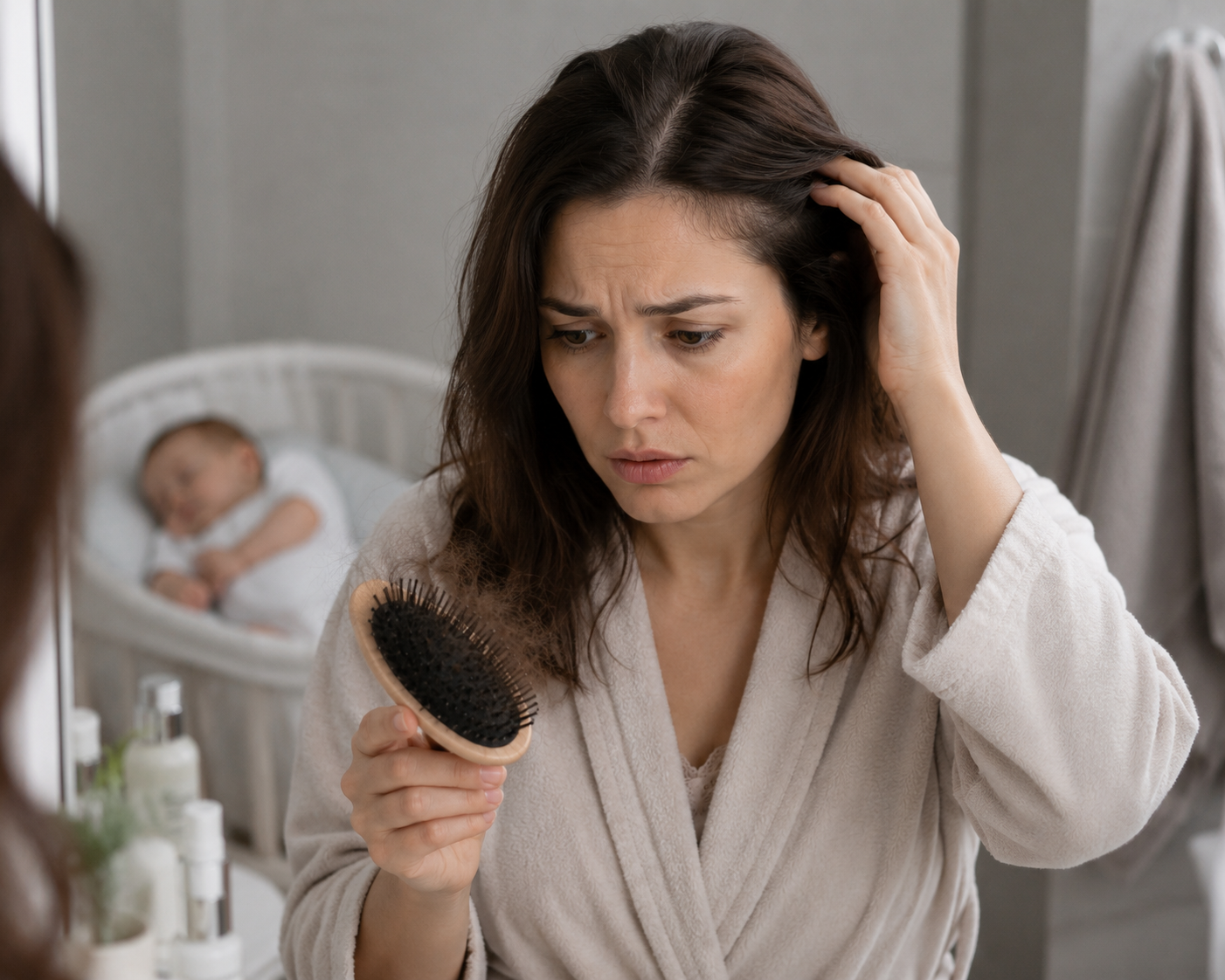 New mother examining hair loss in a hairbrush, illustrating postpartum telogen effluvium