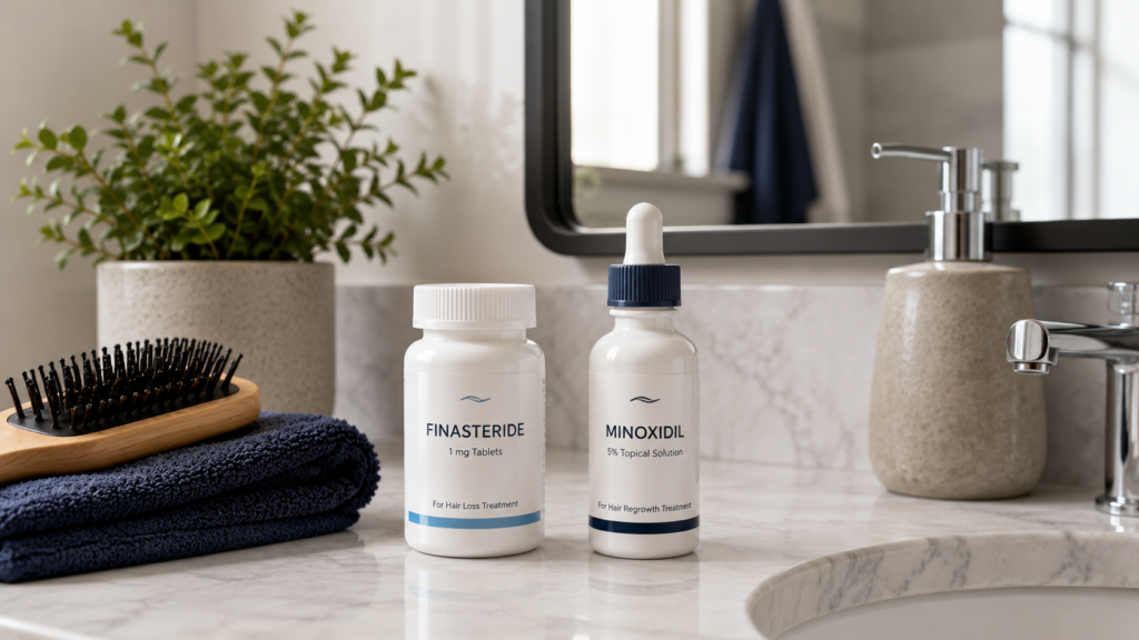 Two follicle hair loss treatment containers on a modern bathroom countertop.