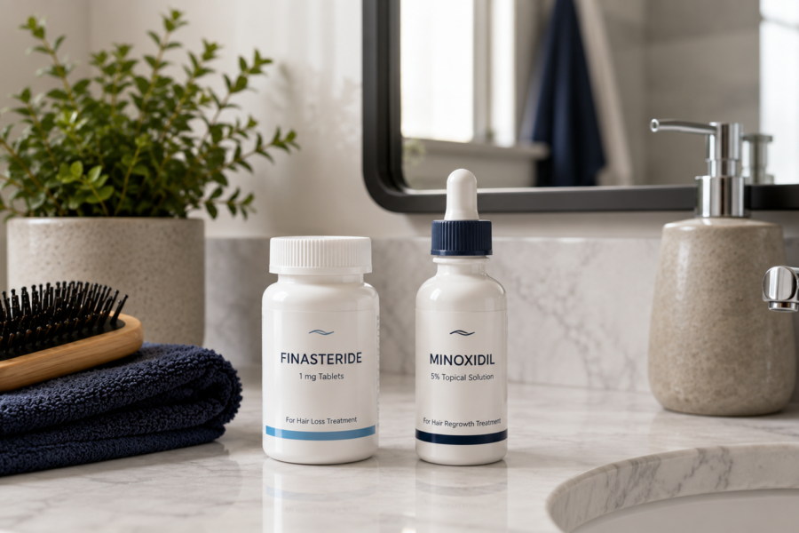 Two follicle hair loss treatment containers on a modern bathroom countertop.