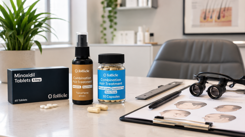Follicle hair loss treatment products displayed beside hair transplant consultation tools in a modern clinic setting.