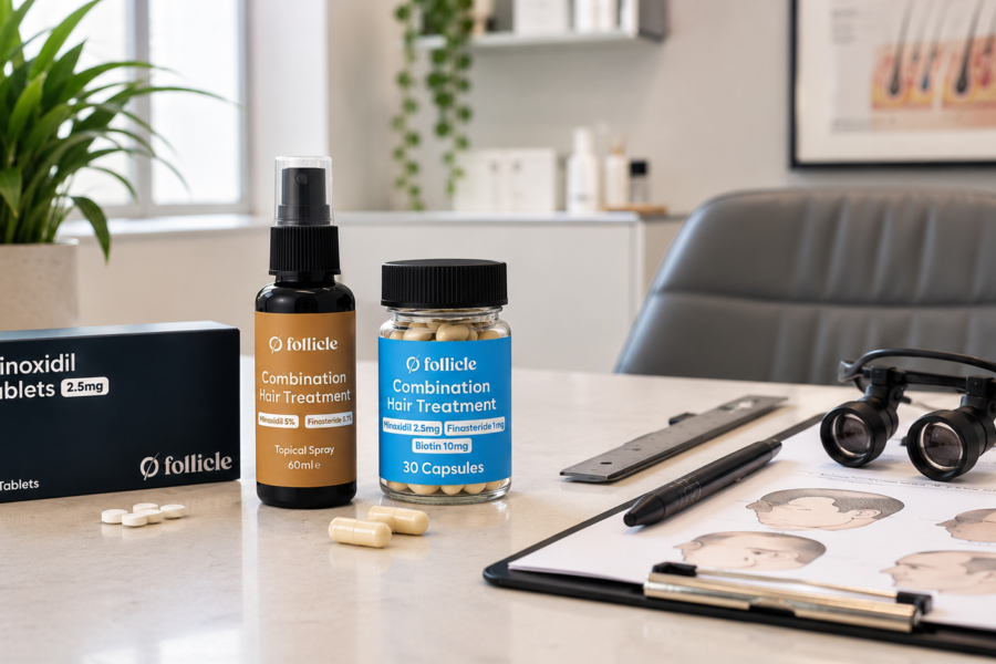 Follicle hair loss treatment products displayed beside hair transplant consultation tools in a modern clinic setting.