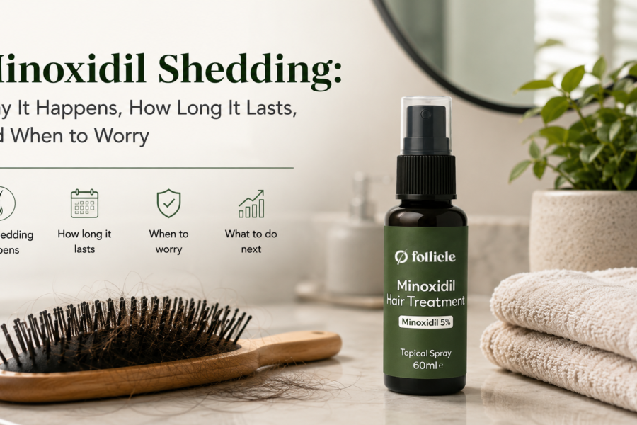 Minoxidil hair treatment spray bottle with a hairbrush showing temporary hair shedding on a modern bathroom countertop.