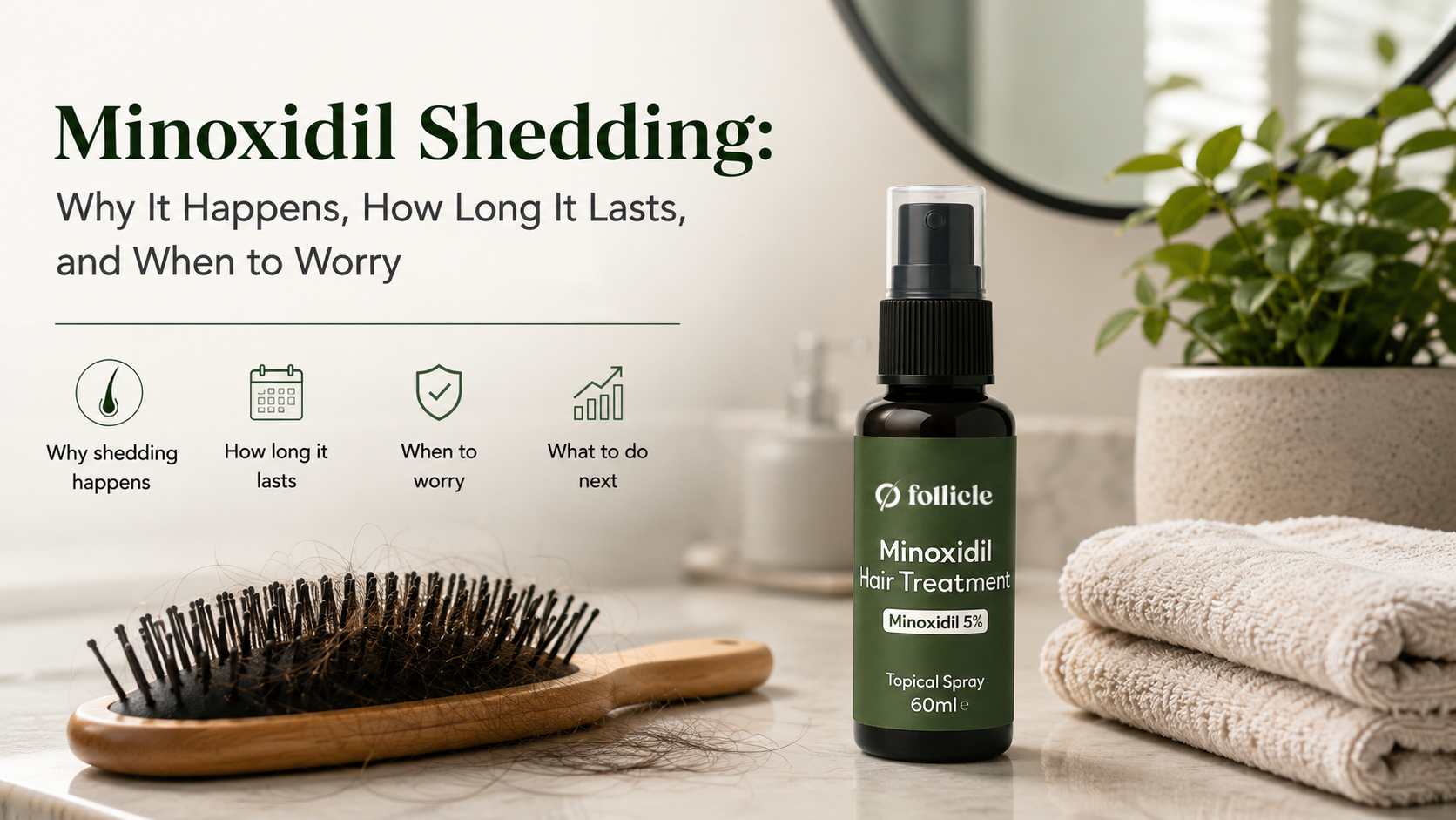 Minoxidil hair treatment spray bottle with a hairbrush showing temporary hair shedding on a modern bathroom countertop.
