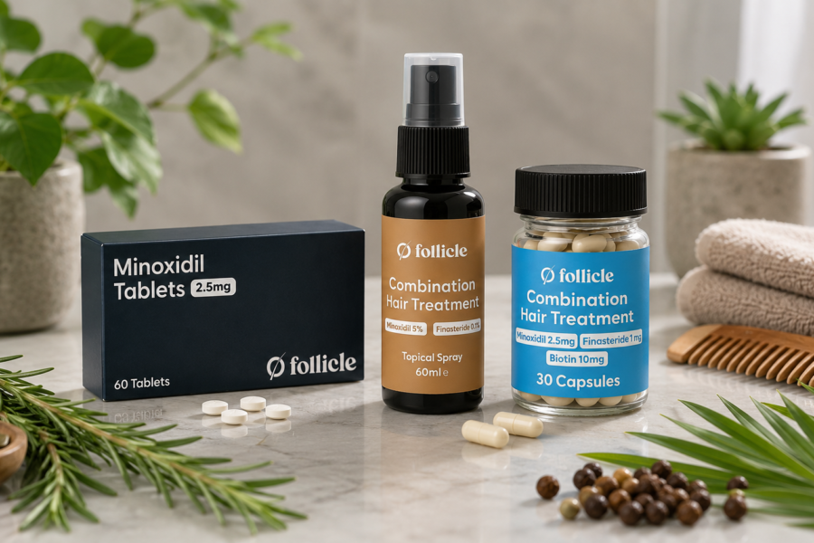 Follicle hair loss treatment products including Minoxidil tablets, combination topical spray and combination capsules displayed alongside natural DHT-blocking ingredients such as rosemary, pumpkin seeds and saw palmetto.