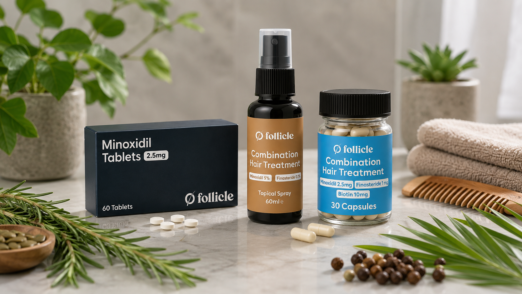 Follicle hair loss treatment products including Minoxidil tablets, combination topical spray and combination capsules displayed alongside natural DHT-blocking ingredients such as rosemary, pumpkin seeds and saw palmetto.